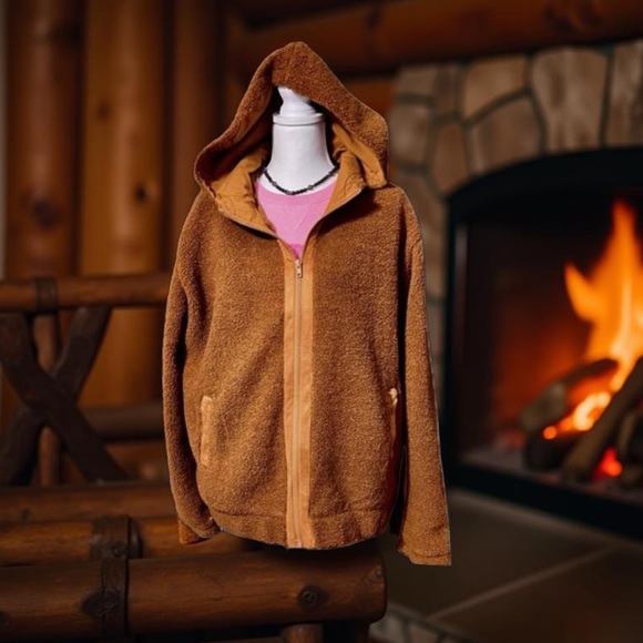 Sherpa Hooded Brown / Fleece Jacket fully lined zip up & pockets NWT Boutique - Picture 1 of 11